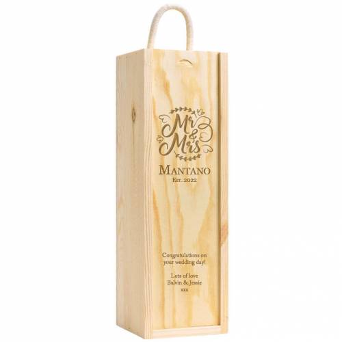 Personalised Wooden Wine Box - Mr & Mrs Leaves